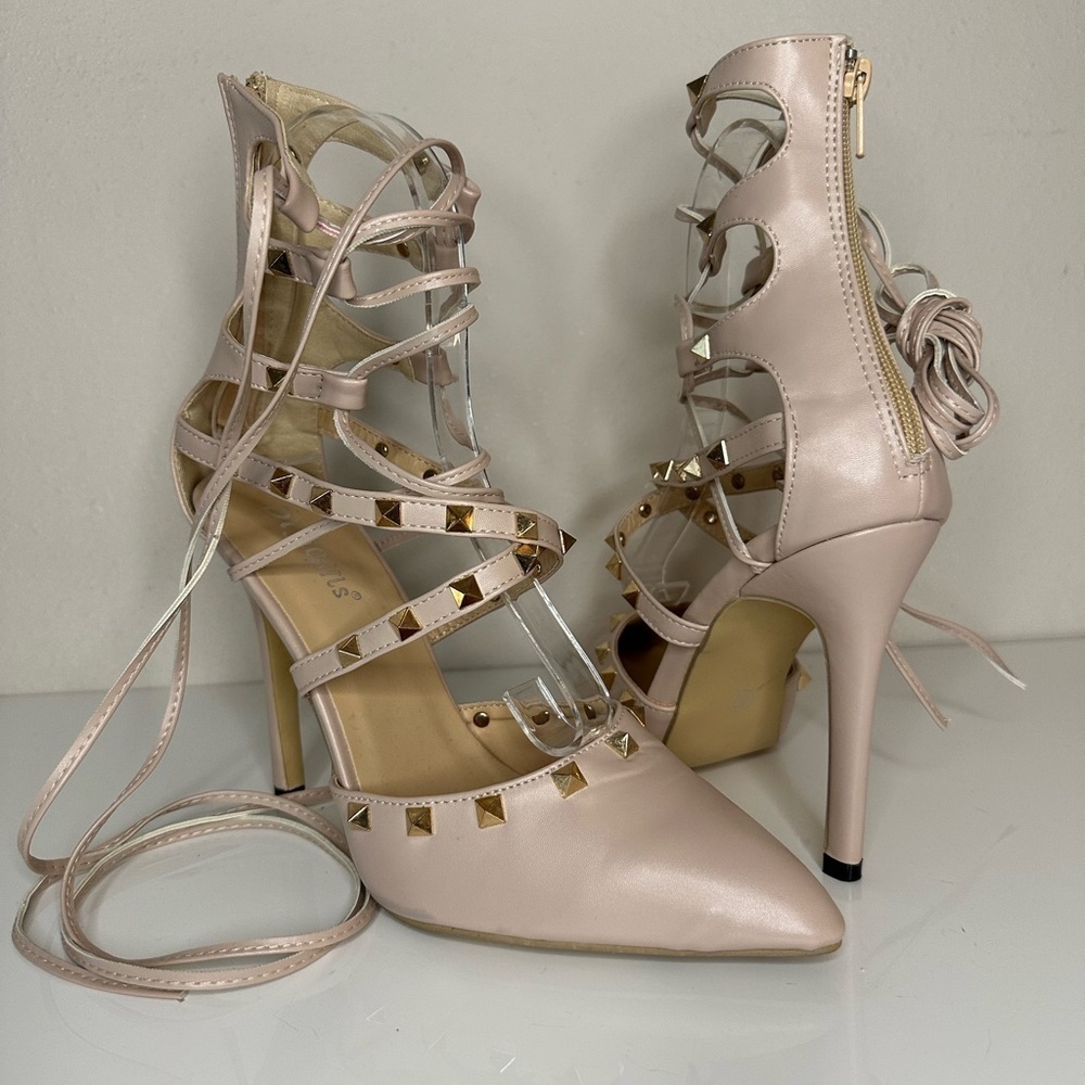 Elegant Blush Lace-Up Heels with Gold Studs